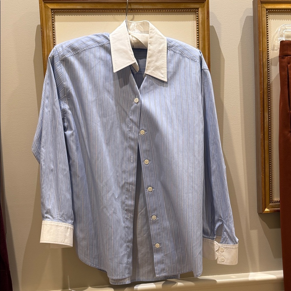 Sandro Light Blue Pinstripe Button-Up Shirt with White Collar